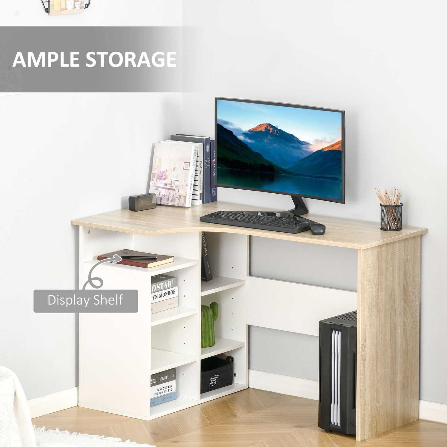 HOMCOM L-Shaped Corner Computer Desk Study Table with Storage Shelf Office Home