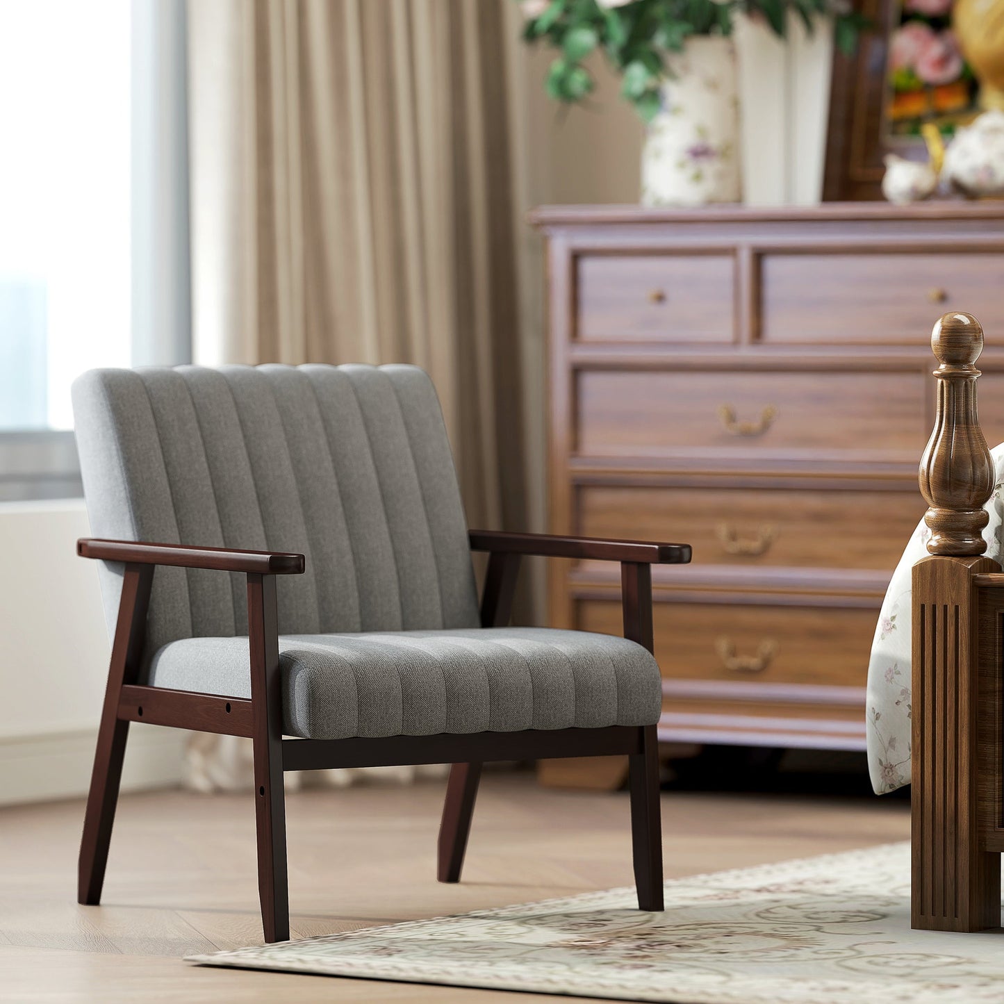 HOMCOM Mid Century Accent Chair, with Wooden Legs - Grey