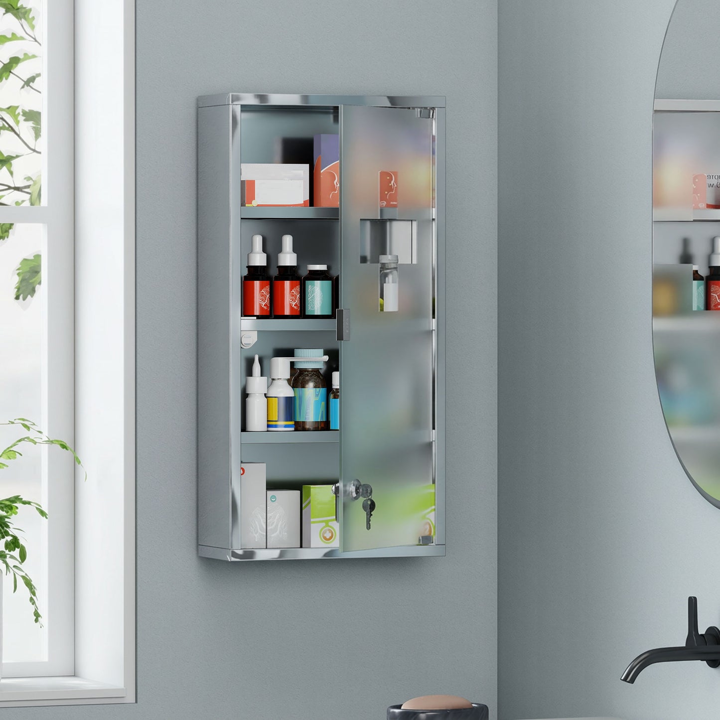 HOMCOM 4 Tier Stainless Steel Wall Mounted Medicine Cabinet Glass Lockable Door Storage Shelves Houseware Bathroom Furniture 60Hx30Wx12D(cm) w/2 Keys