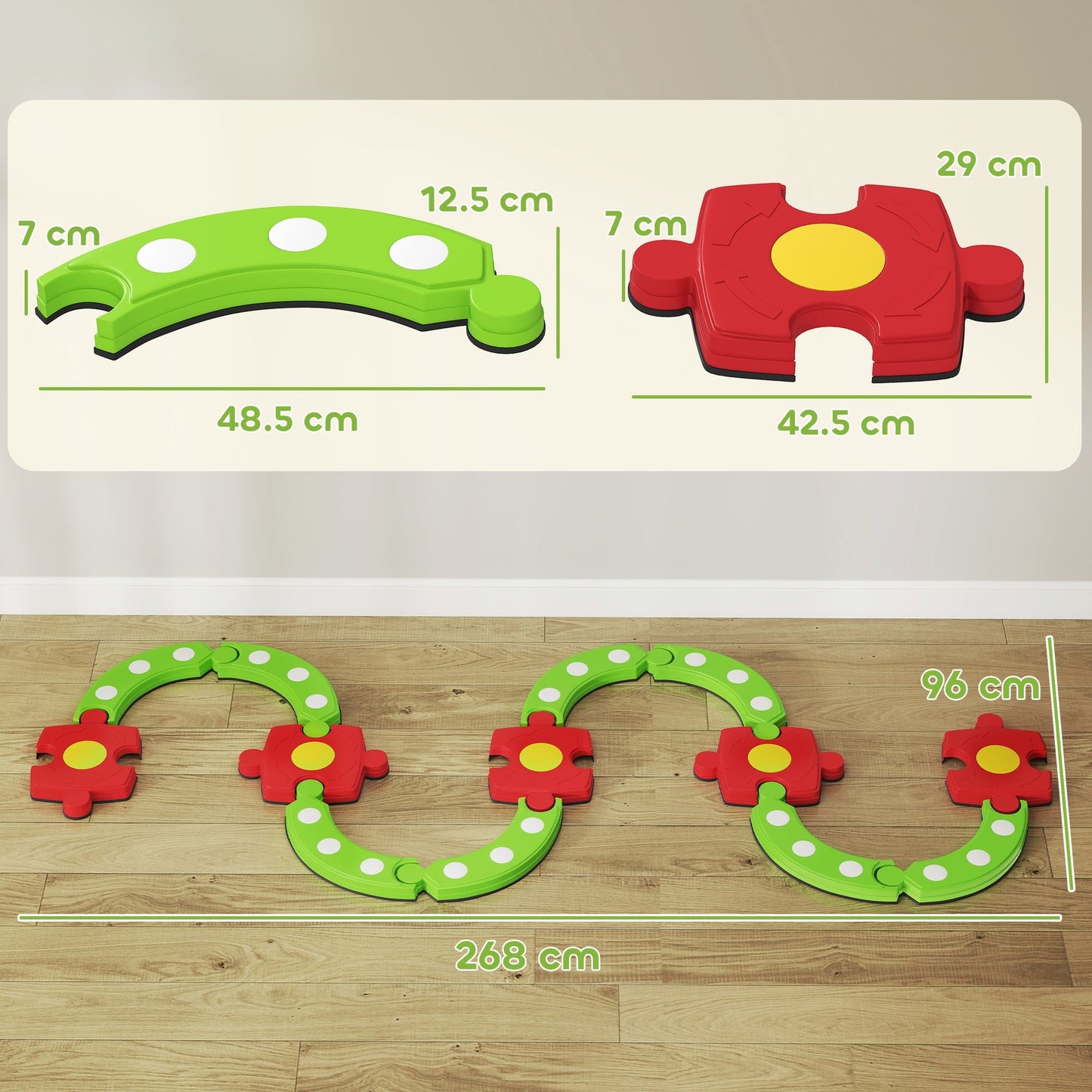 AIYAPLAY 13 PCS Kids Balance Beam Stepping Stones Set with Non-slip Textured Surface, Outdoor Indoor for Toddlers, Green