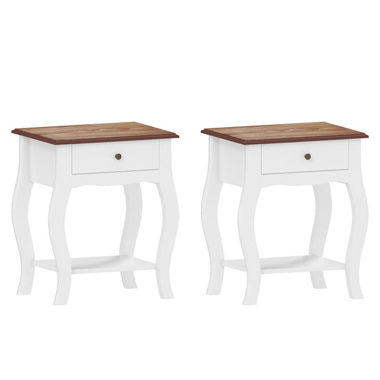 HOMCOM 2pcs Bedside Tables with Drawer, French Style Bedside Cabinets with Open Shelf for Bedroom, Living Room, White
