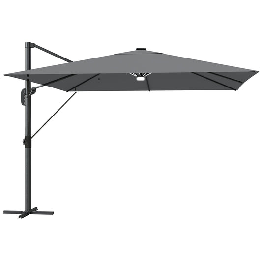 Outsunny 3 x 3 m Garden Cantilever Parasol with Light, Cover, Overhanging Umbrella w/ Wind Protection, 360 degrees Rotation, Light Grey