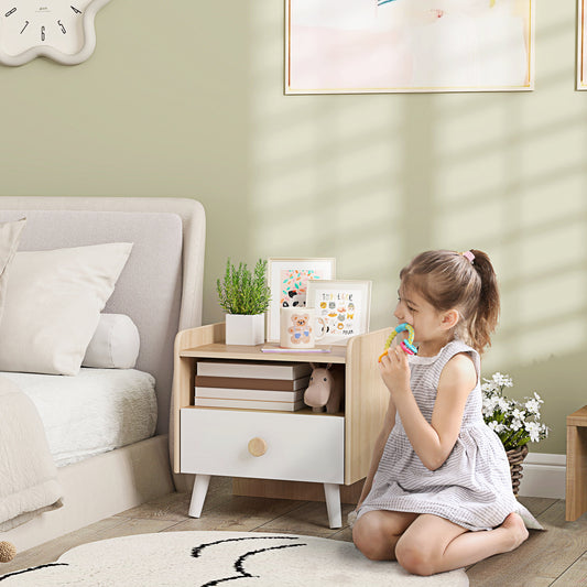 AIYAPLAY Kids Bedside Table with Drawer and Open Storage Shelf, Wooden Nightstand for Bedroom, Bedside Cabinet, White