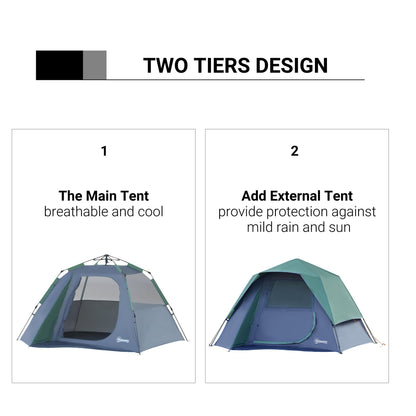 Outsunny Fibreglass Frame 3/4 Person Lightweight Camping Tent Green