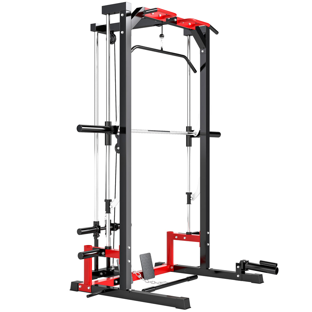 SPORTNOW Cable Crossover Machine, Multi-Function Power Rack with Pull Up Bar, Lat Pull Down System, Squat Rack, Barbell Bar