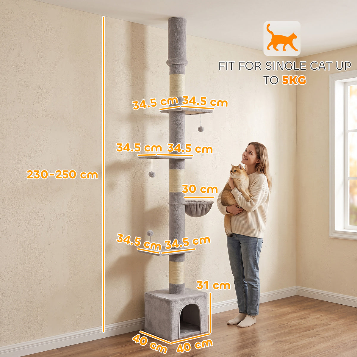 PawHut Floor to Ceiling Cat Tree, 230-250cm Multi-Level Cat Tower with Adjustable Height, Scratching Posts, Condo, Platforms