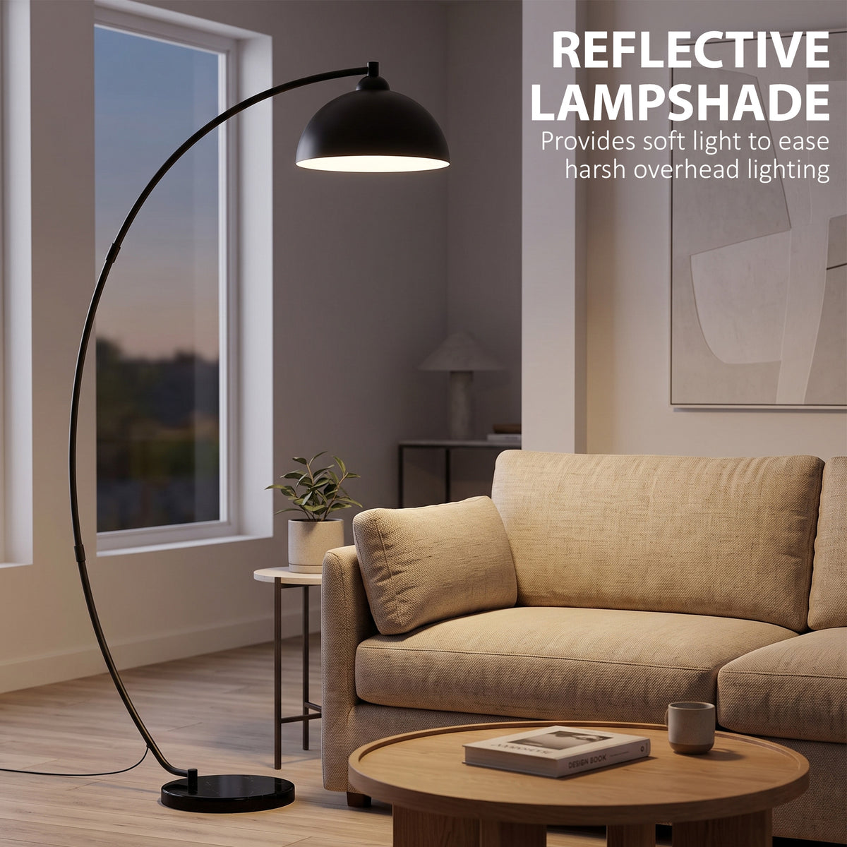 HOMCOM C-Shaped Floor Lamp, Modern Standing Lamp with Bowl-Shaped Reflective Shade, Foot Switch and Marble Base, Black