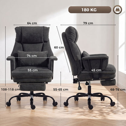 HOMCOM Office Chair, 180kg Heavy Duty Linen Computer Desk Chair with Lumbar Support, Wide Seat, Spring Cushion, Black