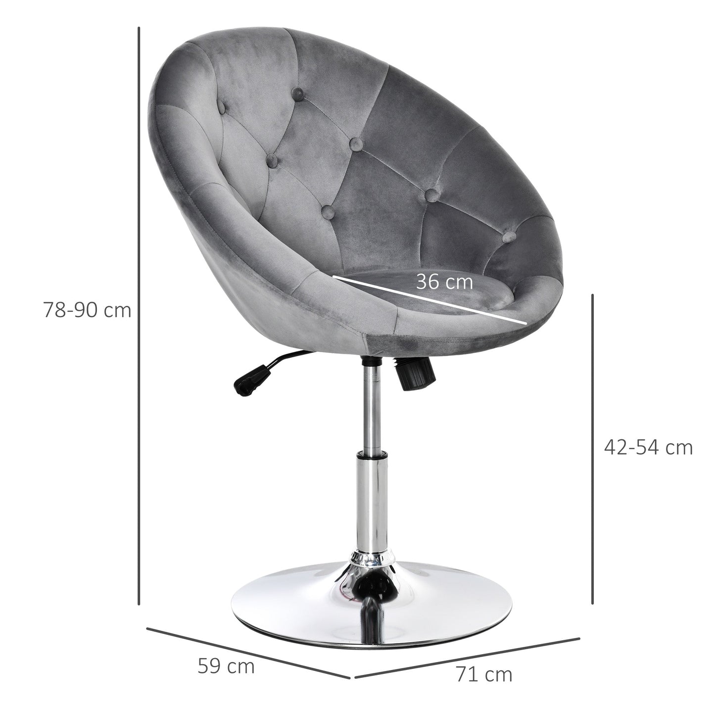 HOMCOM Swivel Dressing Stool, Velvet-feel Upholstered Vanity Chair, Adjustable Height Tub Makeup Chair with Button Tufting and Thick Padding for Bedroom, Grey