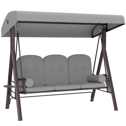 Outsunny 3 Seater Canopy Swing Chair, Outdoor Garden Swing Seat with Adjustable Canopy, Cushions and Cup Trays, Steel Frame, Light Grey