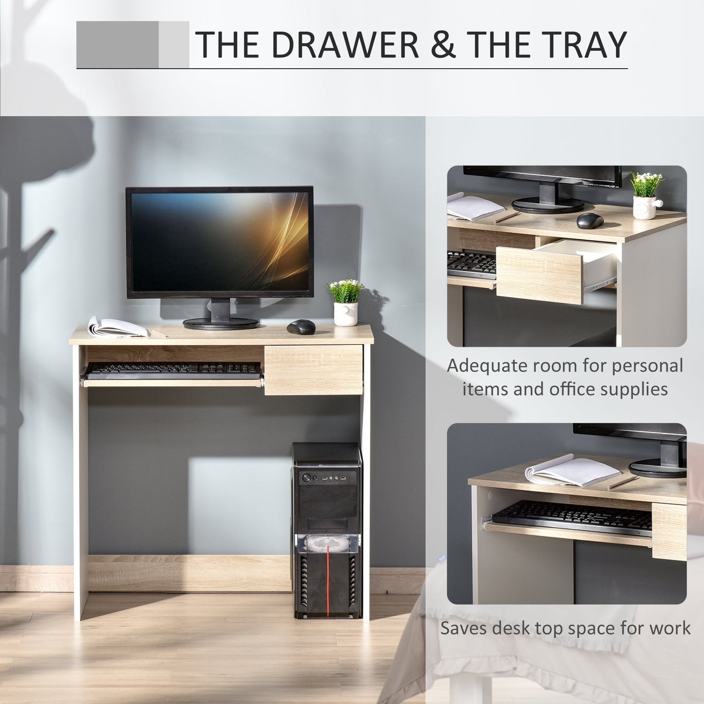 HOMCOM 80cm Compact Computer Desk with Keyboard Tray, Home Office Desk with Drawer for Bedroom Study, Oak