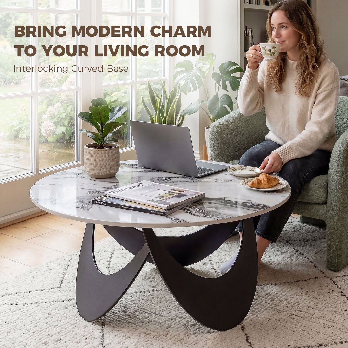 HOMCOM Coffee Table Sintered Stone Top Adjustable Foot Pads Modern Center Table for Living Room White and Black