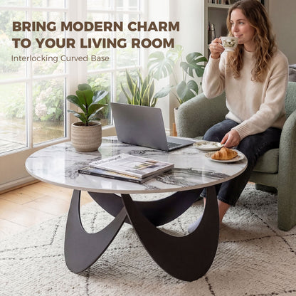 HOMCOM Coffee Table Sintered Stone Top Adjustable Foot Pads Modern Center Table for Living Room White and Black