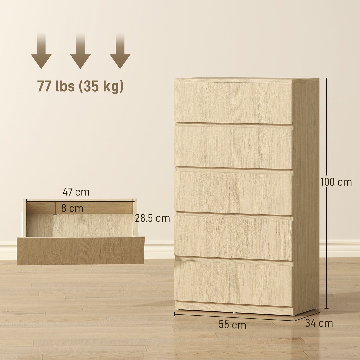 HOMCOM Chest of Drawers, 5-Drawer Storage Cabinets, Modern Dresser, Storage Drawer Unit for Bedroom