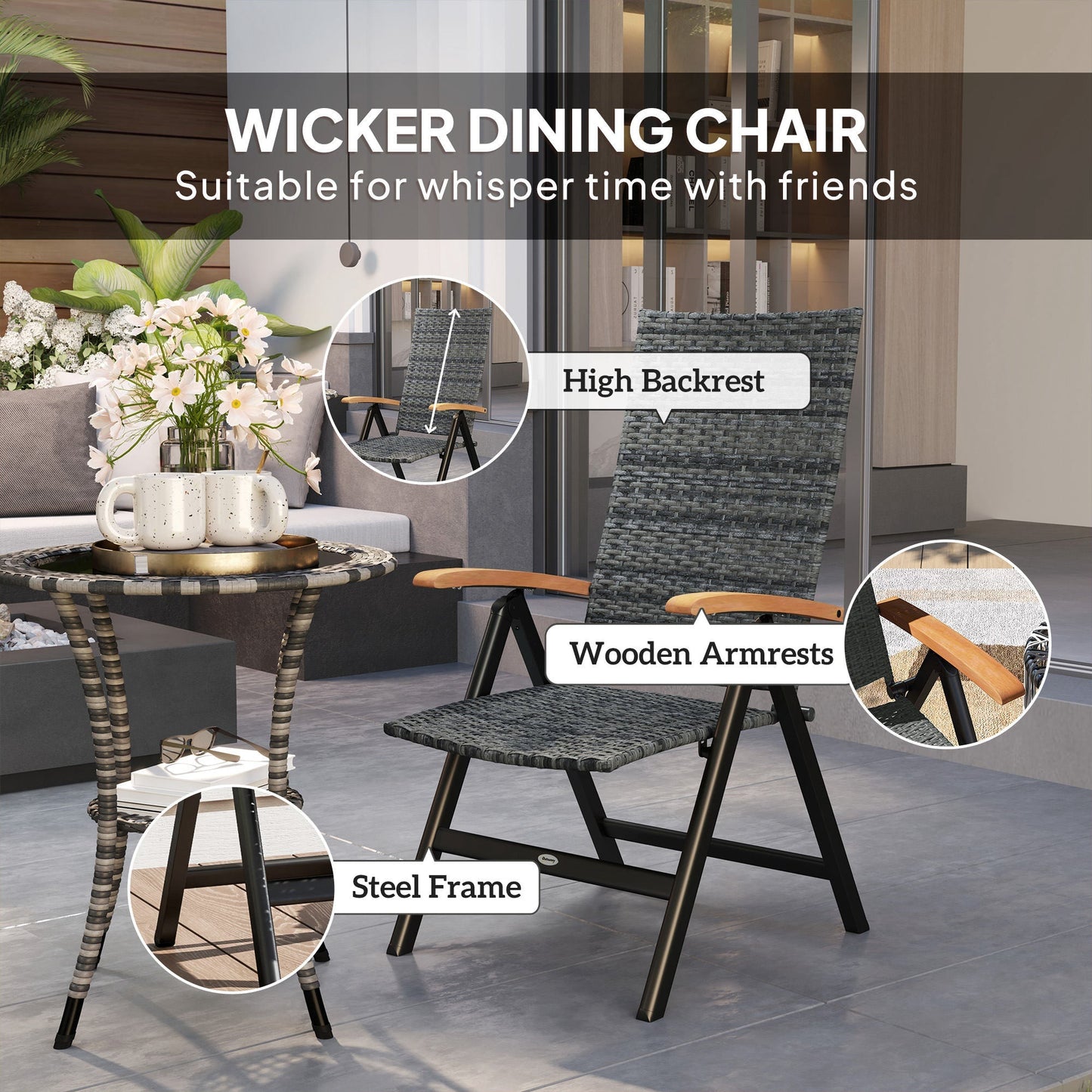 Outsunny Folding Rattan Garden Dining Chair with 5-level Reclining High Back, Wood Armrests for Outdoor, Patio - Mixed-grey