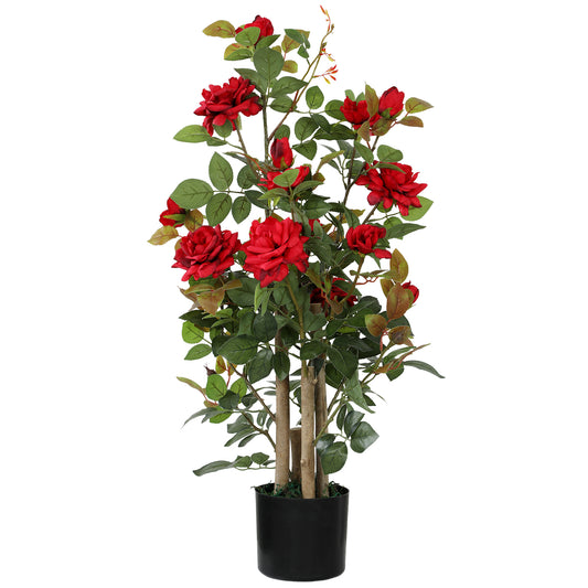 HOMCOM 90cm Artificial Rose Tree, Decorative Fake Plant with 344 Silk Leaves 17 Flowers for Outdoor Indoor Decor, Red