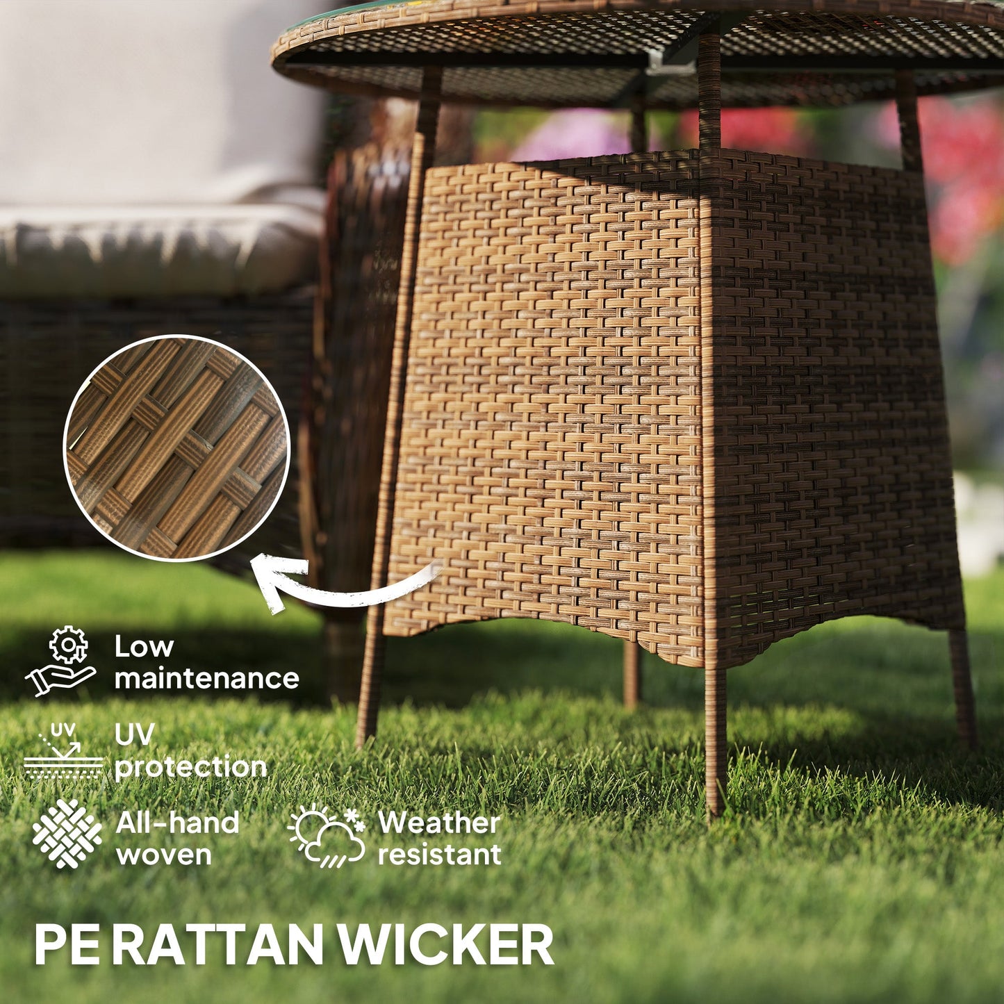 Outsunny Wicker Garden Rattan Table, Patio Furniture Outdoor Coffee Table with Umbrella Hole and Tempered Glass Top, Brown