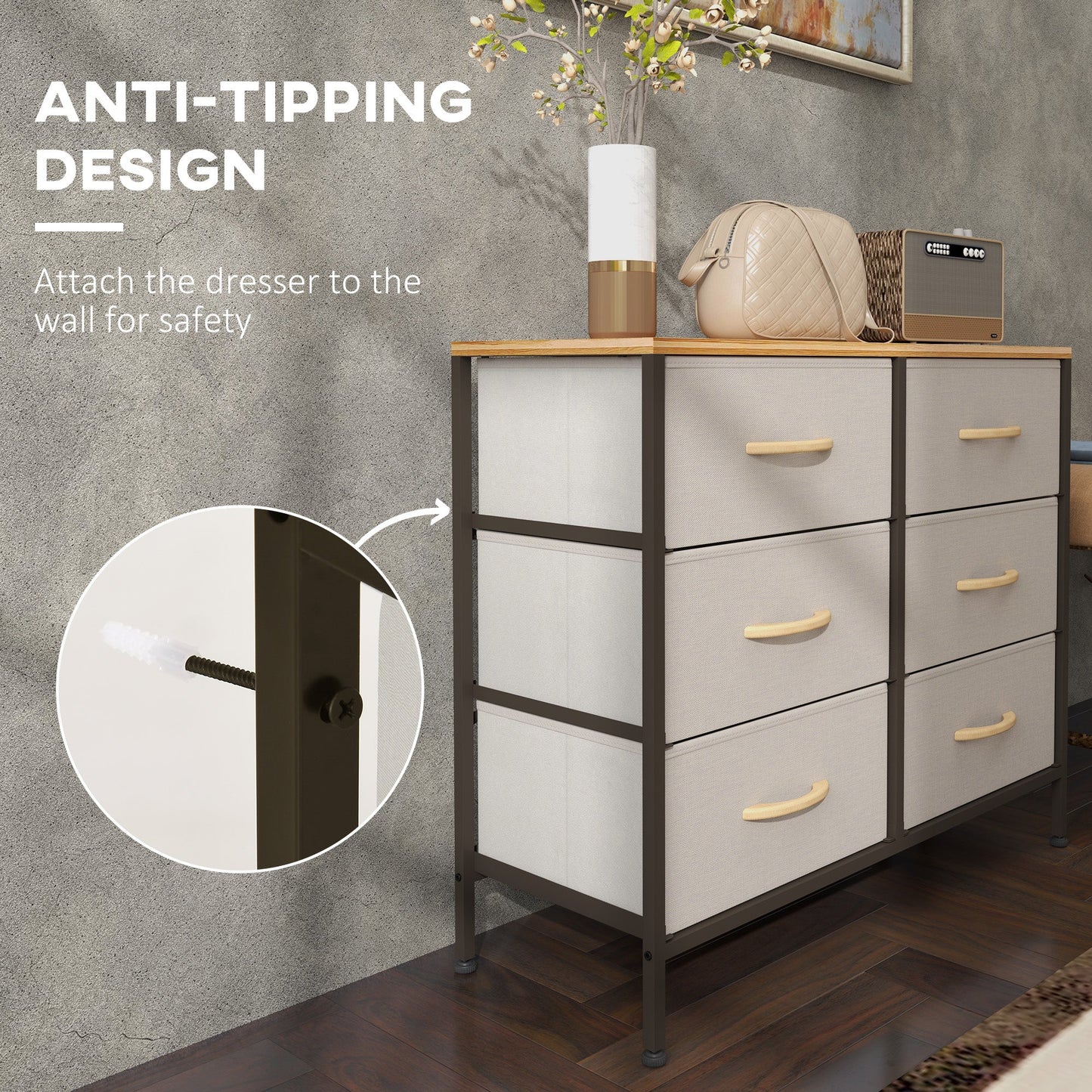 HOMCOM Fabric Chest of Drawers, Industrial Bedroom Dresser with 6 Fabric Drawers, Steel Frame and Wooden Top for Nursery, Living Room, Hallway, Cream White