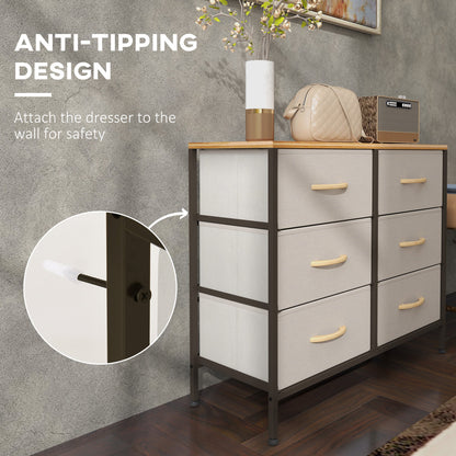 HOMCOM Fabric Chest of Drawers, Industrial Bedroom Dresser with 6 Fabric Drawers, Steel Frame and Wooden Top for Nursery, Living Room, Hallway, Cream White