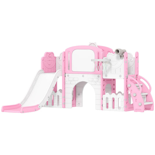 AIYAPLAY 7 in 1 Toddler Slide Set with Basketball Hoop, Climbing Frame, Telescope, Drawing Board, Storage Box, Pink