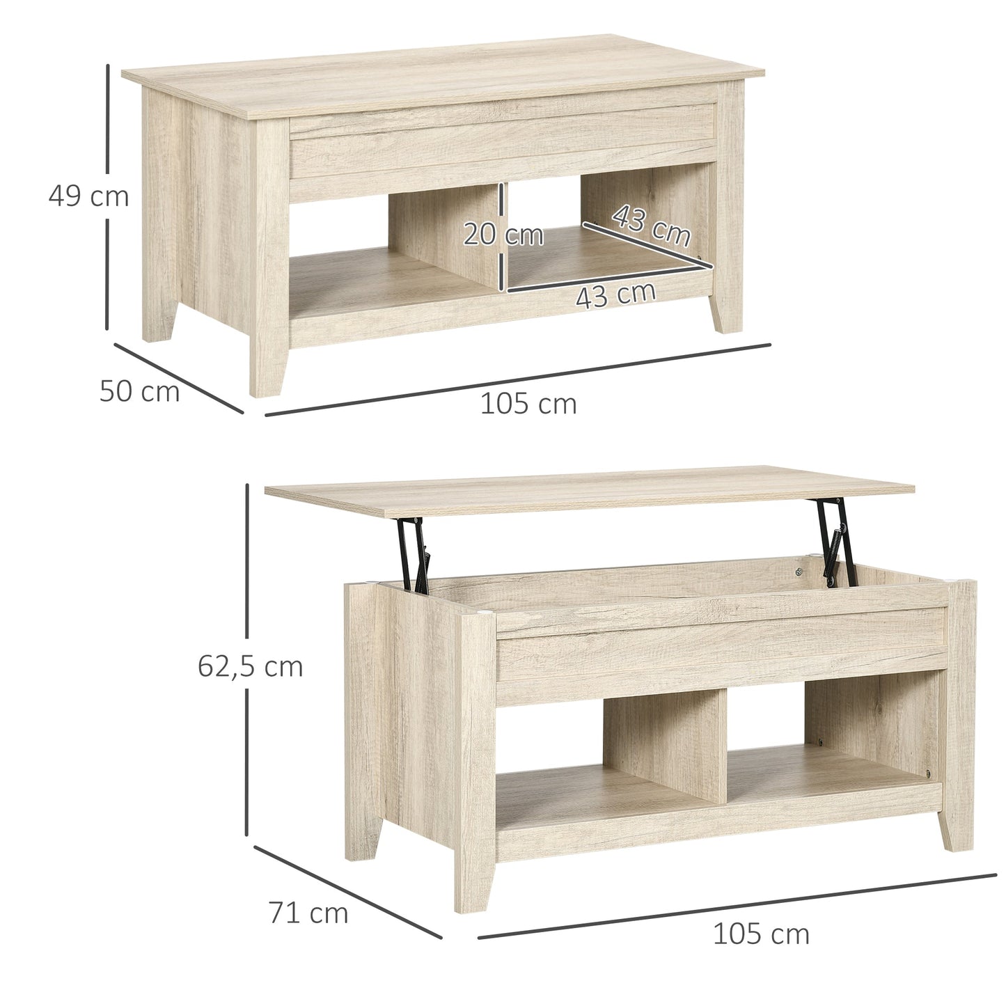 Lift Top Coffee Table w/ Hidden Storage Compartment Open Shelves Lift Tabletop Pop Up Centre Table for Living Room Oak Effect