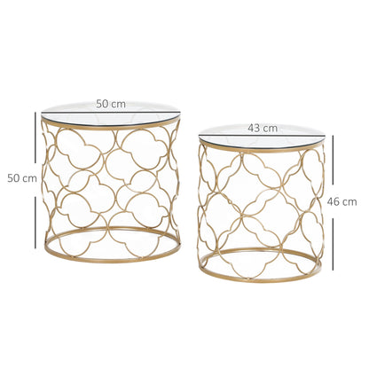 HOMCOM Nesting Tables Set of 2, Modern Stacking Side End Table with Tempered Glass Top, Metal Frame for Living Room Bedroom Office, Gold Tone