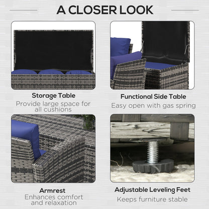 طقم أريكة من الخيزران والروطان مكون من 6 قطع من Outsunny، طقم أثاث محادثة للفناء الخارجي مع طاولة تخزين ووسادة، أزرق داكن