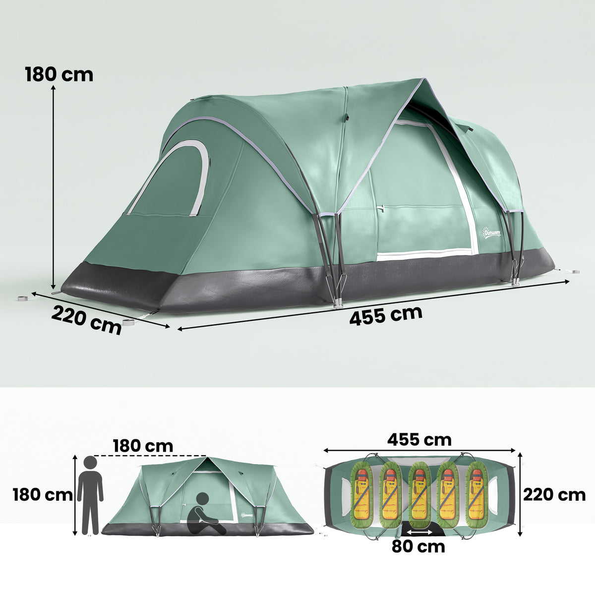 Outsunny 5 Man Camping Tent, Large Tunnel Tent, Water Resistant Hiking Shelter with Groundsheet and Carry Bag, Dark Green