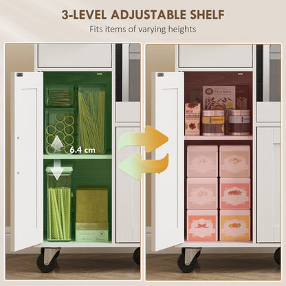 HOMCOM Rolling Kitchen Cart, Microwave Cabinet with Sliding Tray, Drawer, 3-Door Cupboards, Adjustable Shelf, White