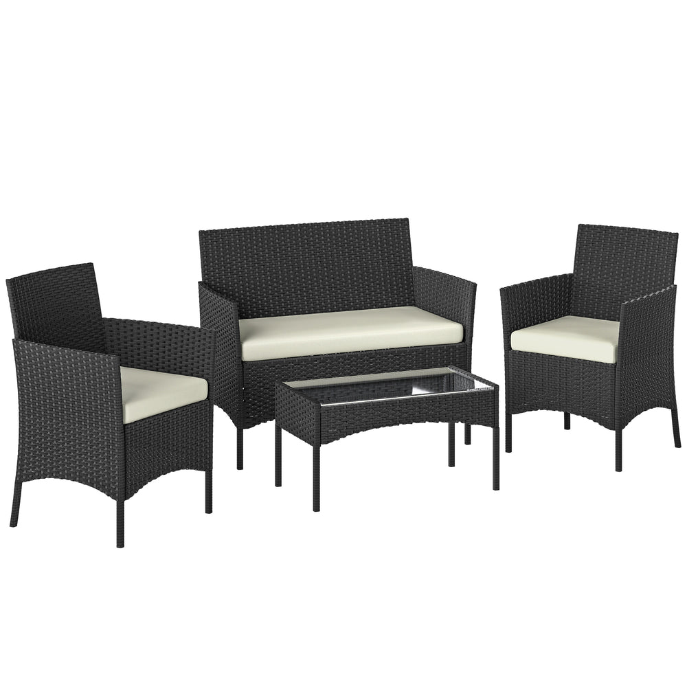 Outsunny 4 Piece Rattan Garden Furniture Sofa Set with Loveseat, Armchairs, Glass-Top Coffee Table and Cushions, Cream White