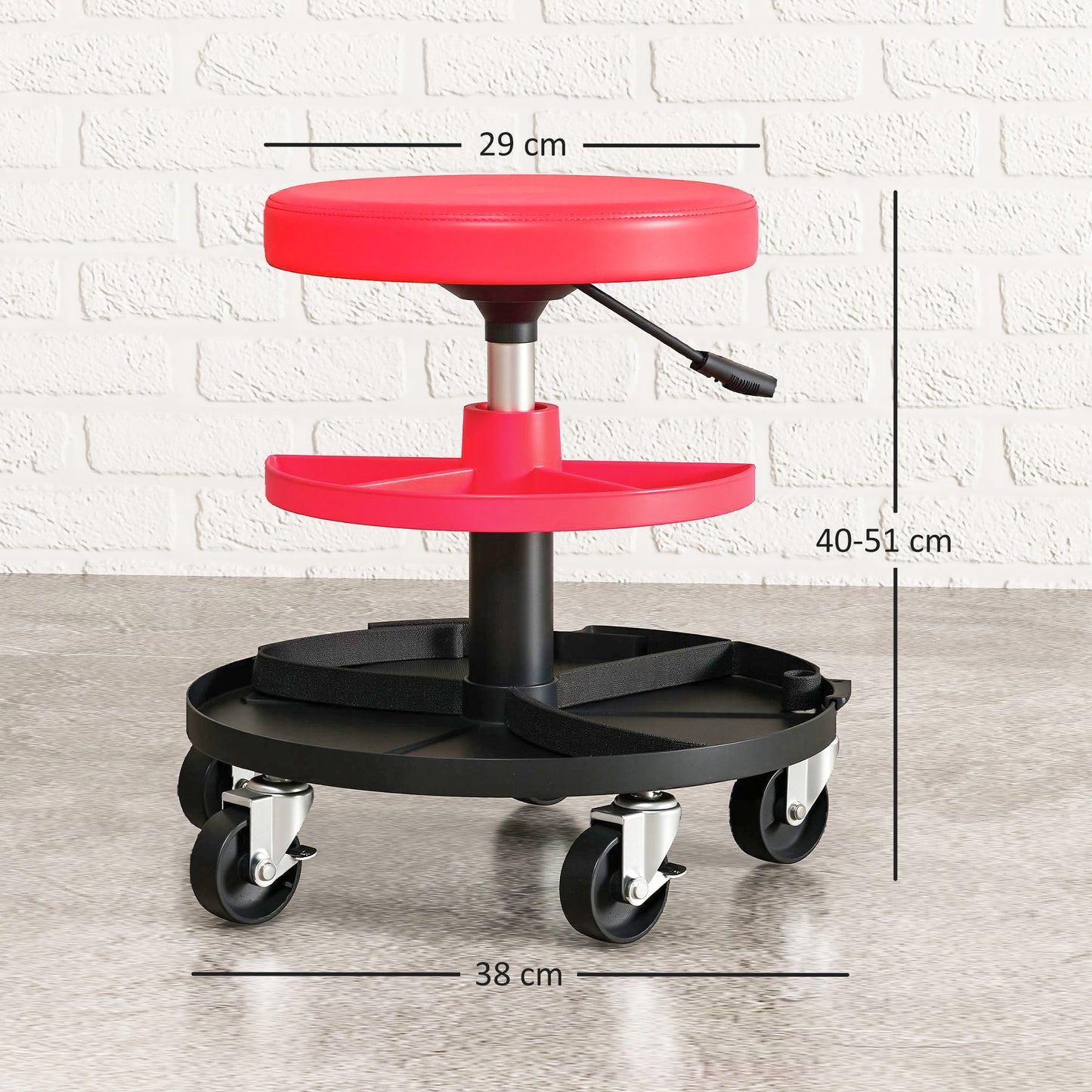 HOMCOM Rolling Mechanic Stool, 135kg Capacity Workshop Stool, 360Â° Swivel Roller Padded Creeper Seat with Wheels, Tool Trays Storage for Garage, Shop, Auto Repair, Red