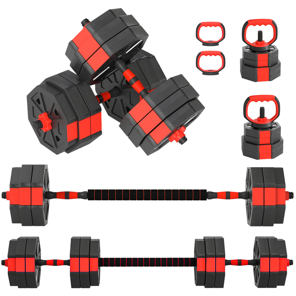 SPORTNOW 6-in-1 Adjustable Weight Dumbbells Set, Used as Kettlebell, Barbell, Dumbbell, Push-Up Stand, 30kg Free Weights Set for Men and Women Home Gym Training, Red