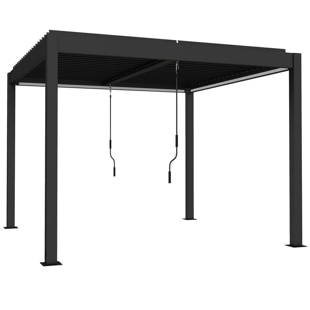 Outsunny 3 x 3 m Louvered Pergola with LED Lights, Metal Louvres, Aluminium Patio Gazebo Pergola, Dark Grey