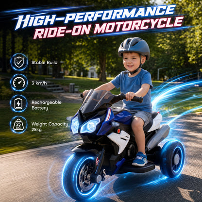 HOMCOM Kids Electric Motorcycle, 6V Ride on Motorcycle with 3 Wheels, LED Headlight, Music, Horn for Boys Girls 3-5 Y, Blue