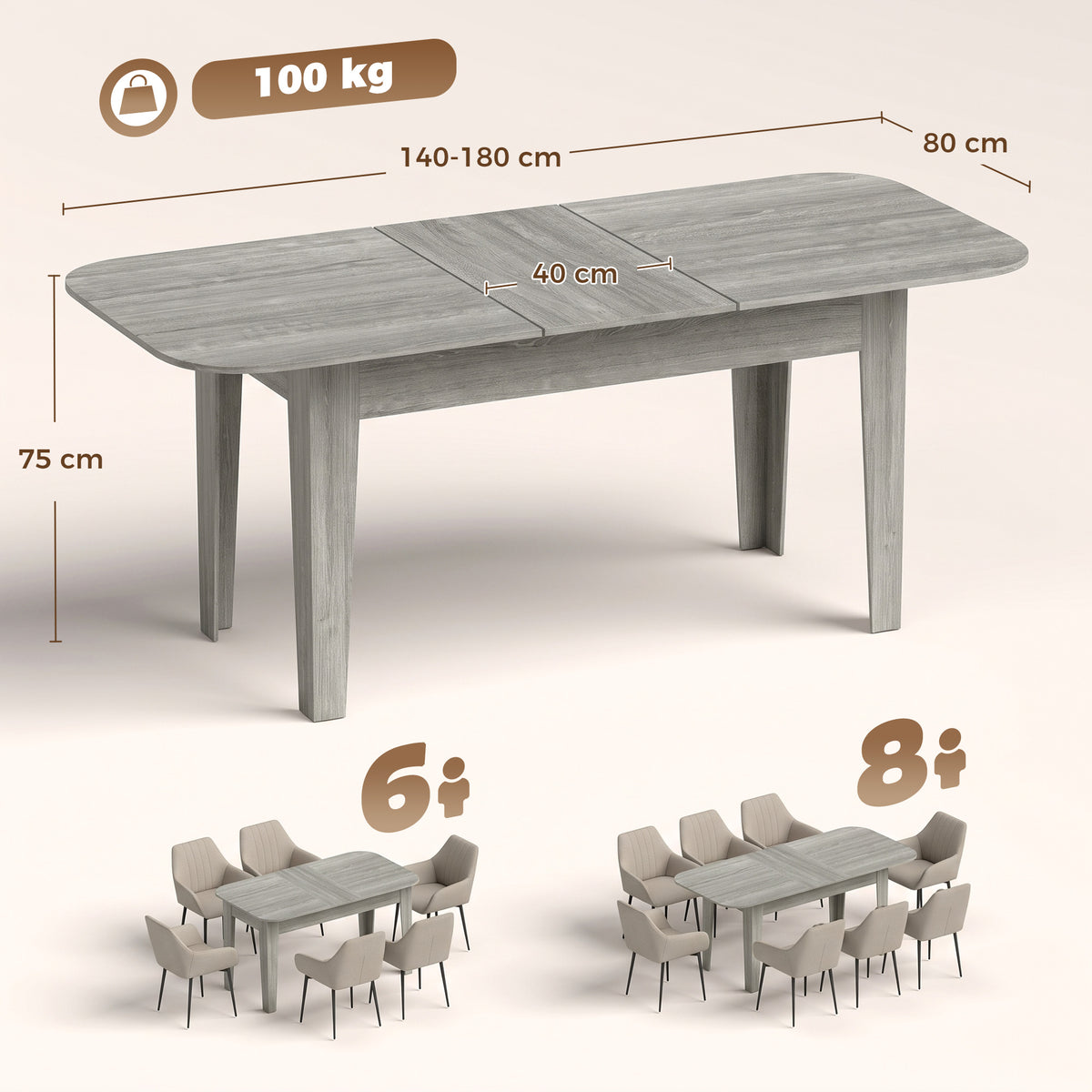 HOMCOM Extendable Oval Dining Table for 4-6, Modern Expandable Kitchen Table, Round Edges, Grey Wood Effect