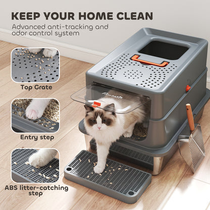 PawHut Stainless Steel Cat Litter Tray with Lid, XL 90L Enclosed Cat Litter Box with Step, Scoop, High Side, Dark Grey