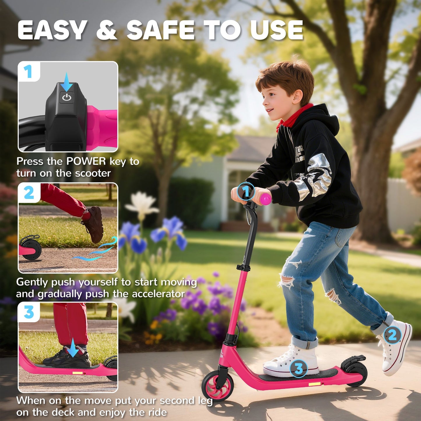 HOMCOM Electric Scooter, 120W Motor E-Scooter, Adjustable Height, Rear Brake for Ages 6+ Years - Pink