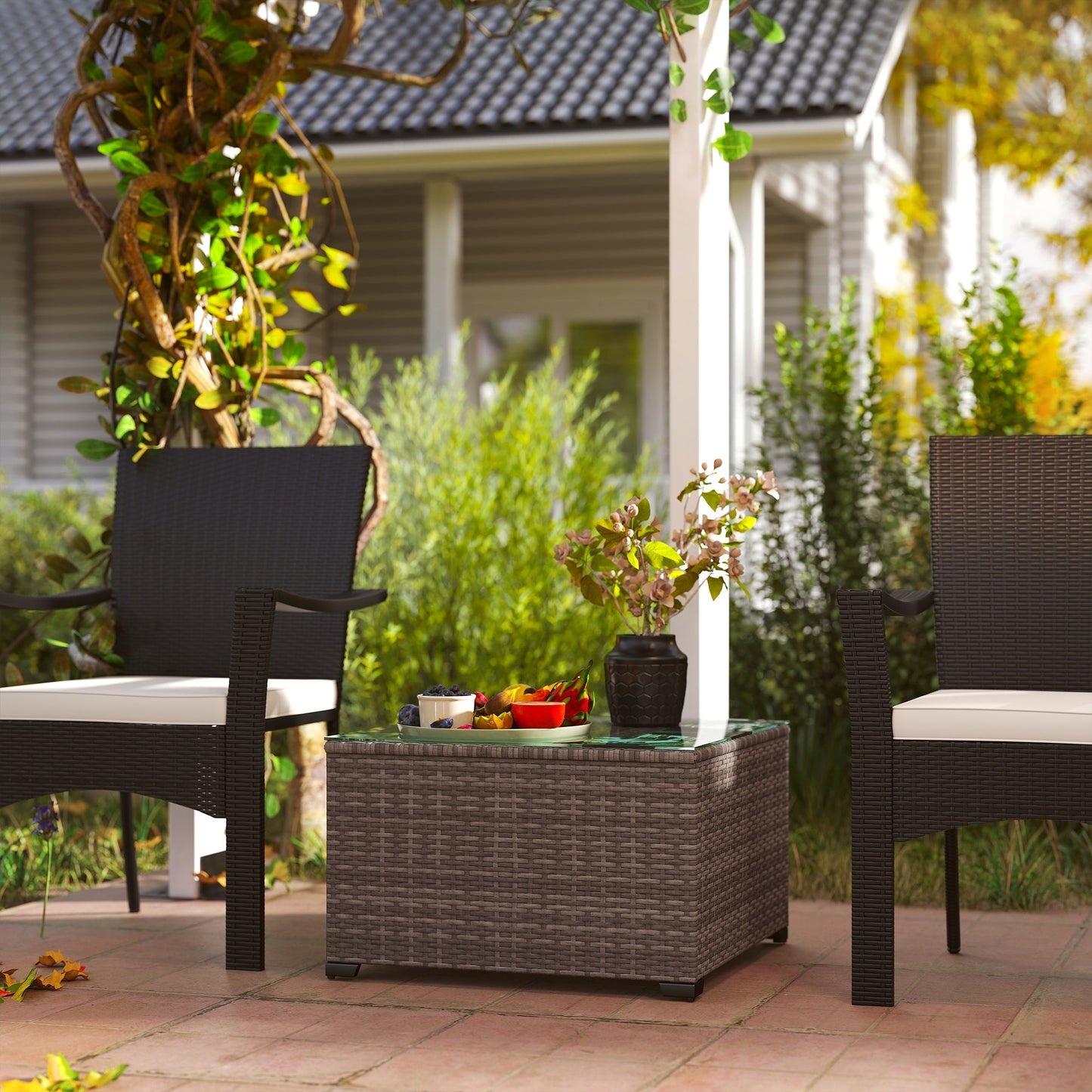 Outsunny 62 x 62cm Glass-Top Rattan Side Table - Dark Grey