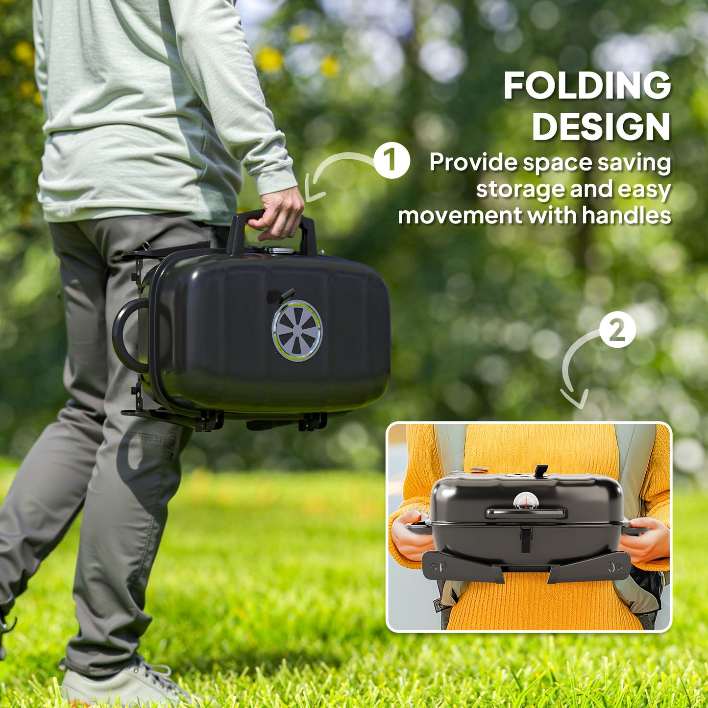 Outsunny Charcoal Barbecue Grill Folding BBQ Grill with 1232 cmÂ² Cooking Area, Adjustable Vent, Thermometer, Handles for Camping Picnic, Black