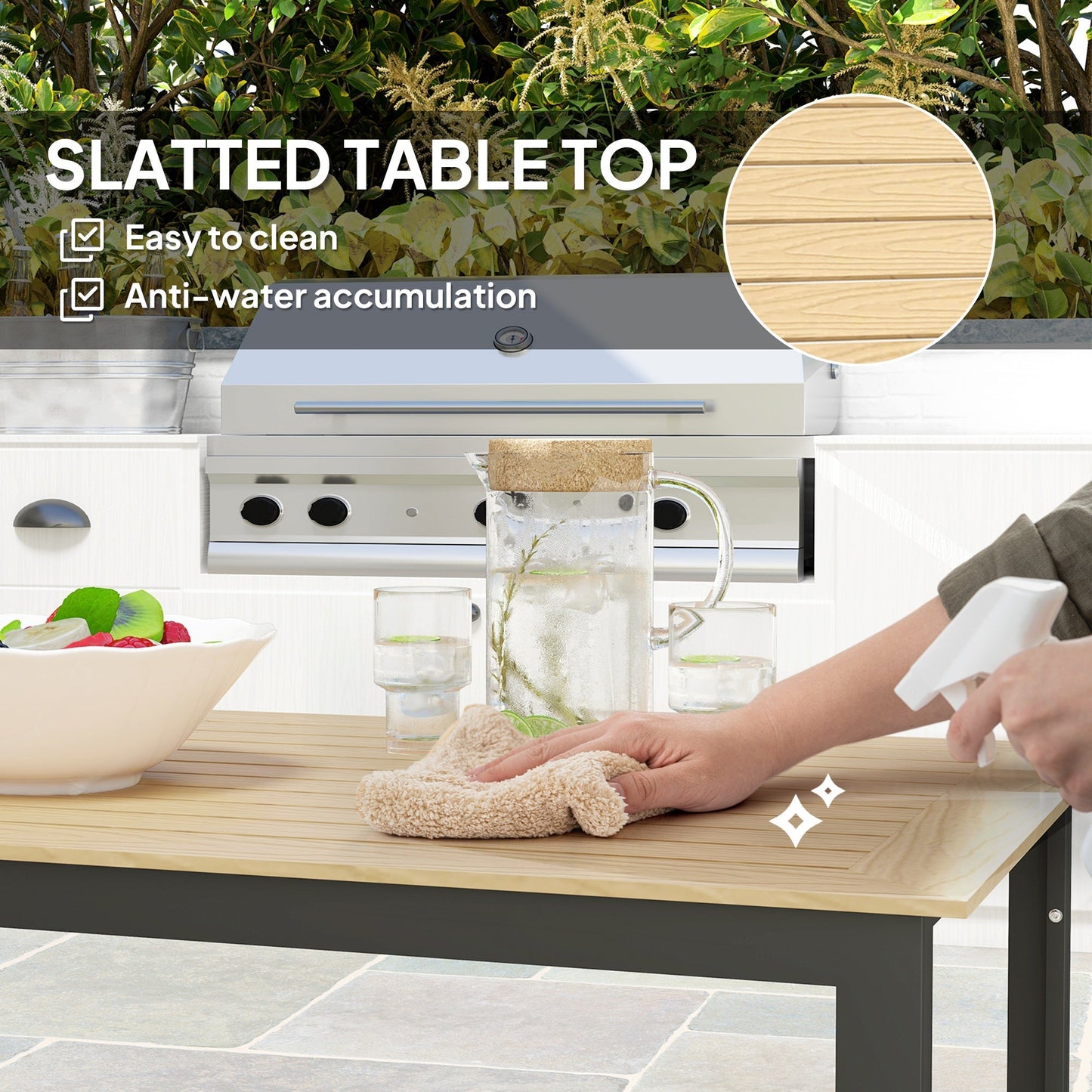 Outsunny Garden Table for 6 People, 175 x 78 x 75 cm Rectangle Outdoor Dining Table with Slatted Top, Metal Frame, for Balcony, Deck, Teak