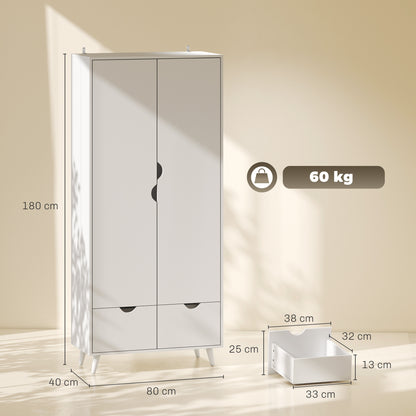 HOMCOM Elegant Home Storage Organisation Furniture, 2-Door Clothes Wardrobe with 2 Drawers, Wood Feet, White