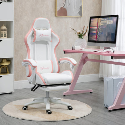 Vinsetto Computer Gaming Chair, PU Leather Desk Chair with Footrest, Swivel Task Chair with 135¡ Reclining Back and Lumbar Support, PC Chair for Adults, White and Pink