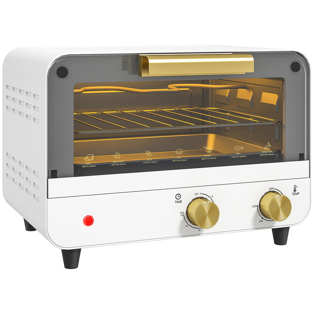 HOMCOM Small Toaster Oven, 12L Multifunction Mini Countertop Oven with Glass Door, Adjustable Temperature and Timer, Accessory Included, 750W, White