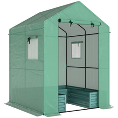 Outsunny Mini Greenhouse with Raised Garden Bed, Galvanised Walk-in Greenhouse with Roll Up Windows, 56