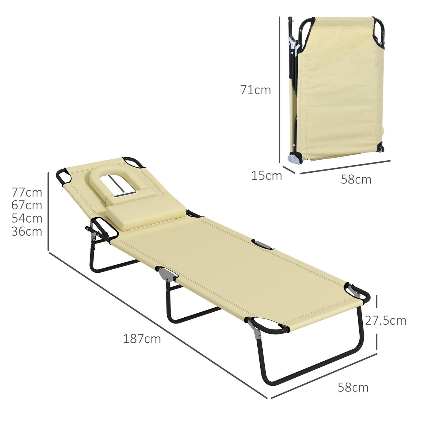 Outsunny Outdoor Folding Sun Lounger Set of 2 with Face Hole, 4 Level Adjustable Backrest Reclining Garden Lounger, Garden Recliner Sunbed with 600 D Oxford Cloth Seat and Pillow for Beach, Beige
