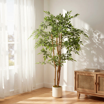 HOMCOM 150cm Artificial Ficus Tree, Fake Potted Tree with Solid Wood Trunk and Pot for Indoor, Green