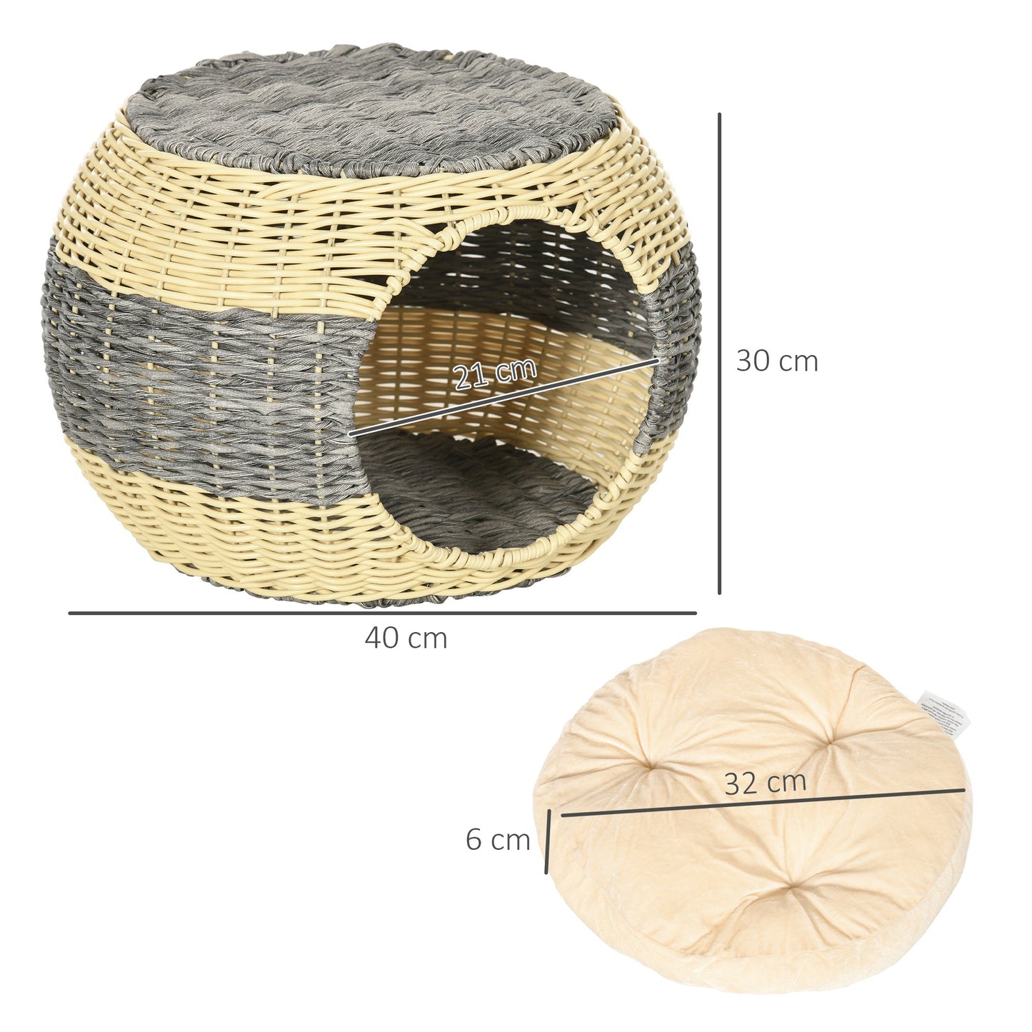 PawHut Wicker Cat House, Rattan Raised Cat Bed, Cosy Kitten Cave with Soft Washable Cushion, â40 x 30cm