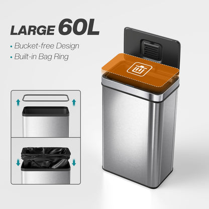 HOMCOM 60 L Sensor Can,  Sensor Bin with Soft-Close Lid, Fingerprint-Proof Stainless Steel, Silver Tone