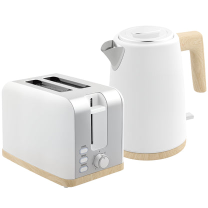 HOMCOM Stainless Steel Kettle and Toaster Set, 1.7L 3000W Fast Boil Kettle & 2 Slice Toaster Kitchen Set with 7 Level Browning Controls, Defrost, Reheat, Auto Off, Boil-dry Protection, White