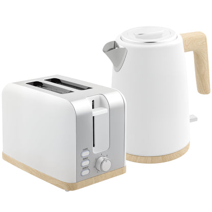 HOMCOM Stainless Steel Kettle and Toaster Set, 1.7L 3000W Fast Boil Kettle & 2 Slice Toaster Kitchen Set with 7 Level Browning Controls, Defrost, Reheat, Auto Off, Boil-dry Protection, White